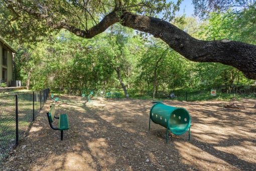 a picnic area with benches and a tree at South Lamar Village, Austin, TX