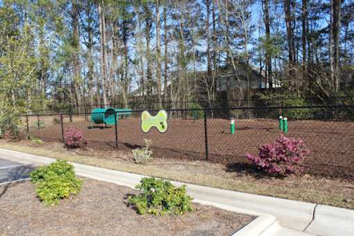 A dog bone shaped object is in the middle of a fenced yard.
