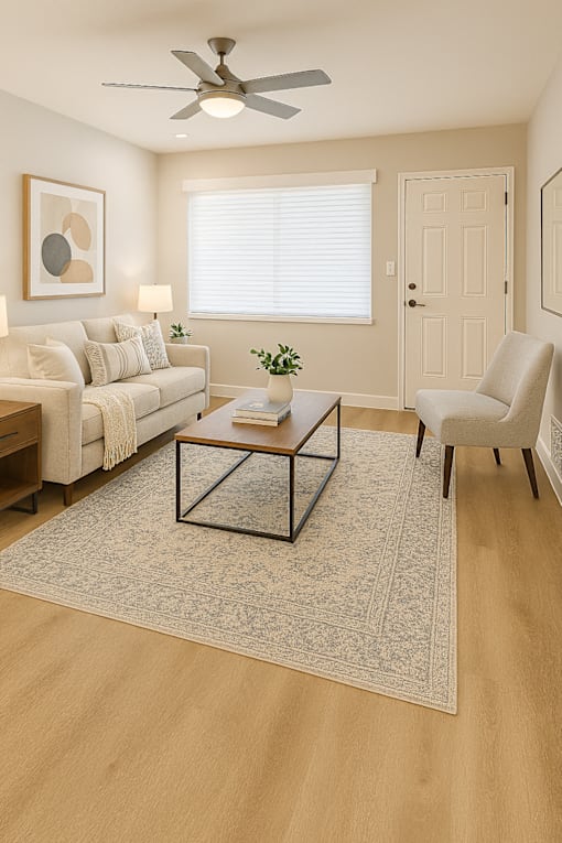 A living room with a couch, chair, and rug.
