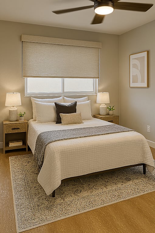 A bedroom with a bed, nightstands, and a ceiling fan.