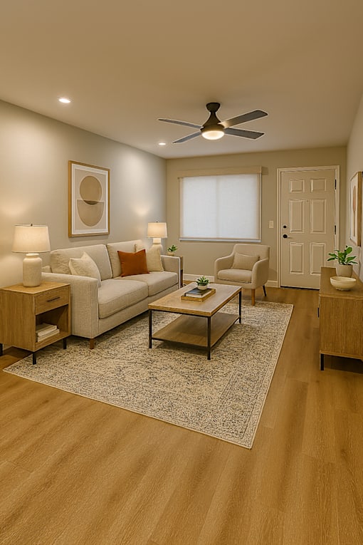 A living room with a couch, a chair, a coffee table, and a ceiling fan.