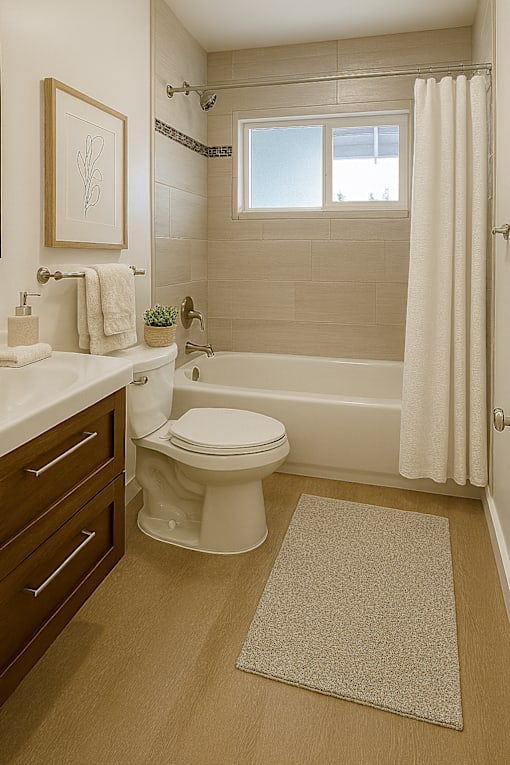 A bathroom with a toilet, sink, and shower.
