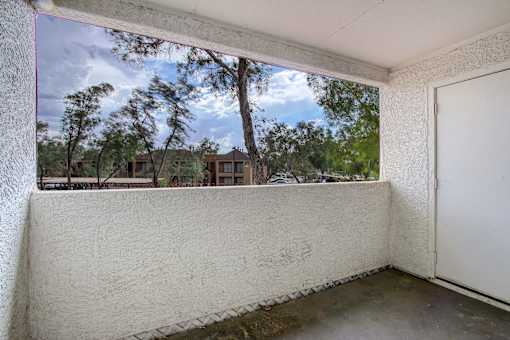 A room with a view of a tree-filled landscape through a window.