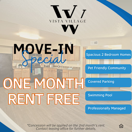 A flyer for Vista Village advertises a one month rent free move-in special.