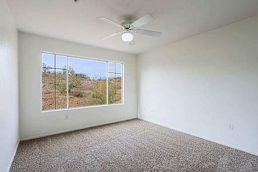 A room with a carpet floor, a ceiling fan, and a window showing a desert view.