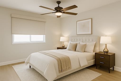 A bedroom with a bed, nightstand, and ceiling fan.