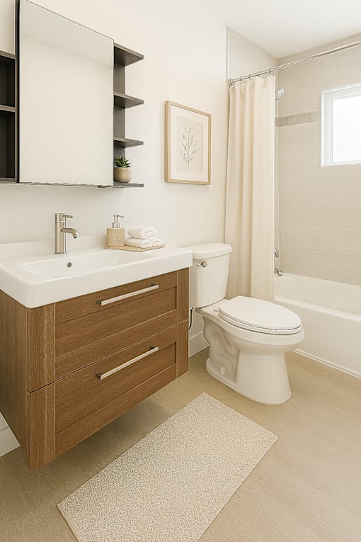 A white toilet sits next to a sink in a bathroom.
