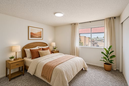A bedroom with a large bed and a potted plant.