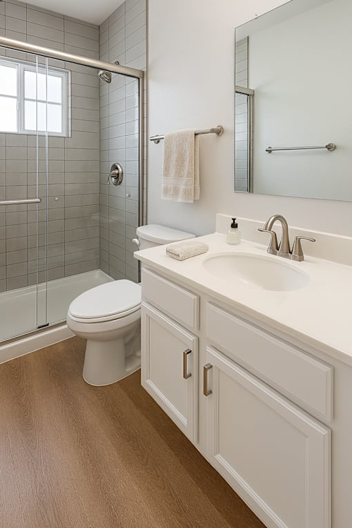 A white toilet sits in a bathroom next to a walk-in shower.