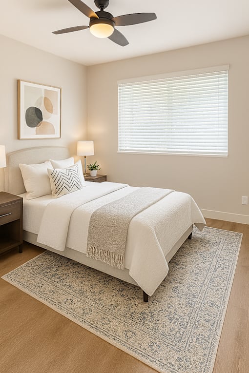 A bedroom with a bed, a ceiling fan, and a rug.