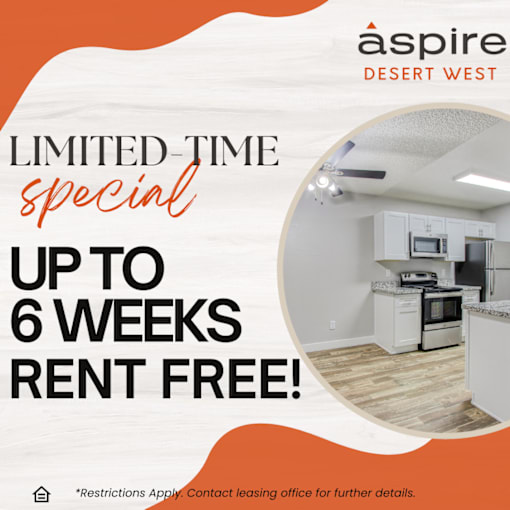 An advertisement for a limited-time special offering up to 6 weeks rent free at Aspire Desert West.