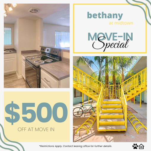 A promotional image for Bethany at Midtown advertising a move-in special with $500 off at move-in.