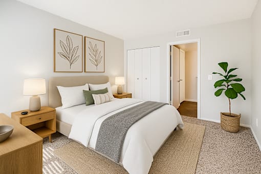 A bedroom with a large bed, a nightstand, and a plant.