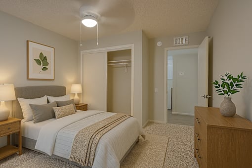 A bedroom with a large bed and a plant on the nightstand at Connect on Northern, Glendale, AZ 85301