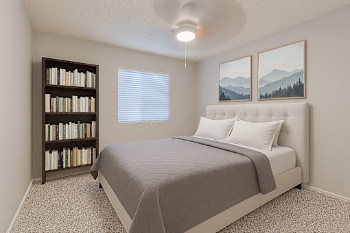 A bedroom with a bed, bookshelf, and two pictures on the wall at Connect on Northern, Glendale, AZ 85301