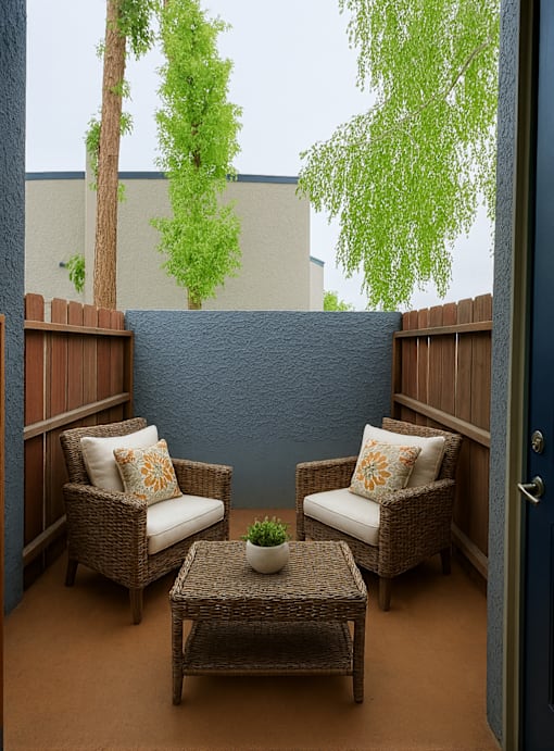 Two chairs and a table are on a patio at Connect on Northern, Glendale, AZ 85301