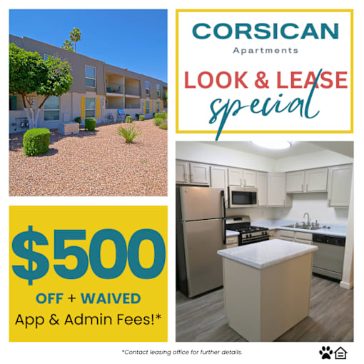 Corsican Apartments advertising a look and lease special with $500 off and waived application and administrative fees.