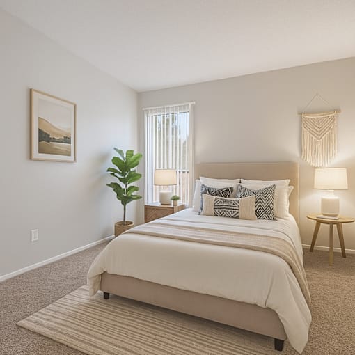 A bedroom with a large bed and a plant on the side table.