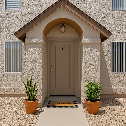 A house with a brown door numbered 114 and two potted plants on either side.