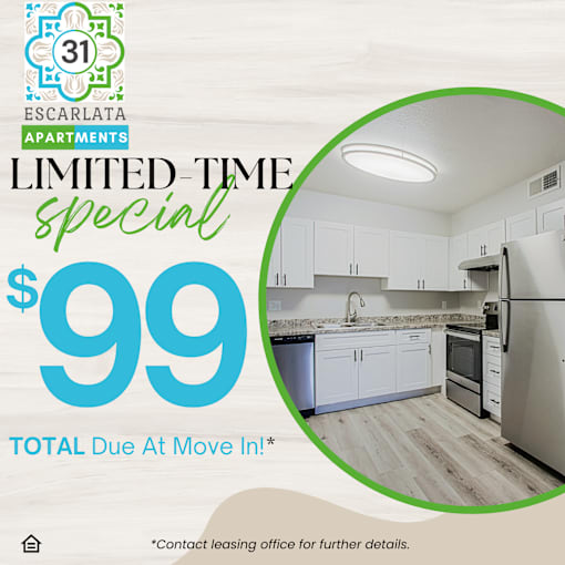 A promotional image for a limited-time special at Escalata Apartments offering a rate of $99.