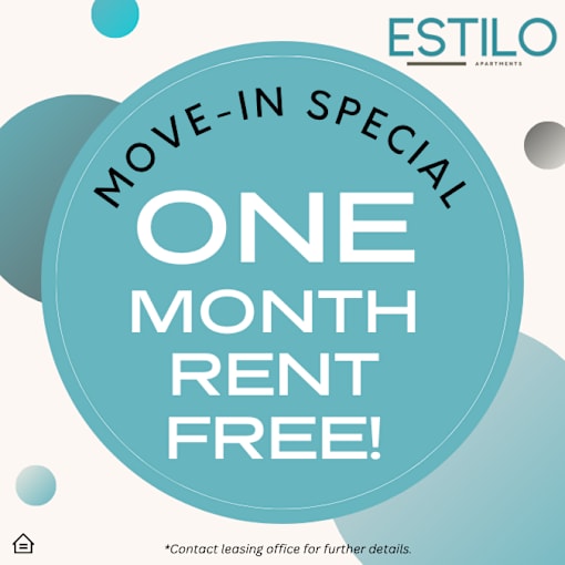 An advertisement for a move-in special offering one month rent free at Estilo Apartments.
