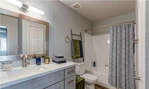 A bathroom with a toilet, sink, and shower.