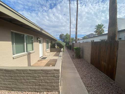A residential area with a house, a fence, and a tree.