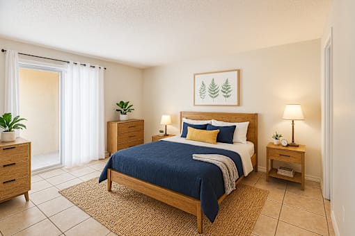 A bedroom with a bed, nightstands, and a plant.