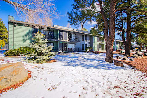 A snowy front yard with a green house in the background.