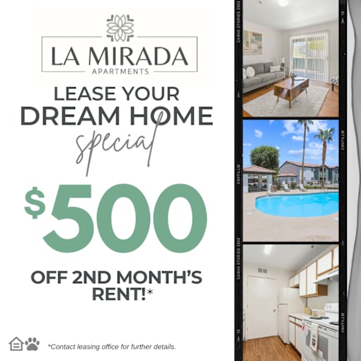 A promotional image for La Mirada Apartments offering a special lease deal.