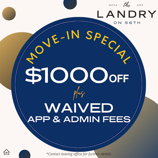 A circular blue sign advertises a $1000 off move-in special for waived app and admin fees at The Landry on 56th.