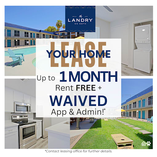 A promotional image for a lease-to-own program offering up to 1 month rent-free and waived application and administrative fees.