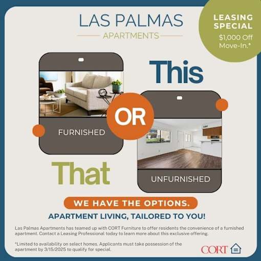 An advertisement for Las Palmas Apartments showcasing furnished and unfurnished options.