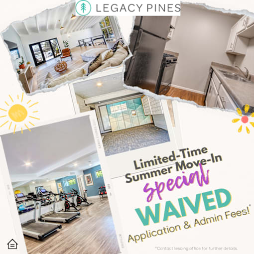 A collage of images showcasing a home with a gym, kitchen, and living room, with a promotion for a limited-time summer move-in special.