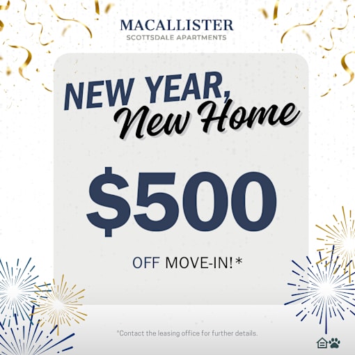 A promotional image for Macallister Scottsdale Apartments offering $500 off move-in for new tenants.