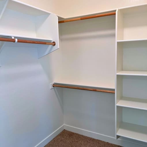 a walk in closet with shelves and a rail on the wall