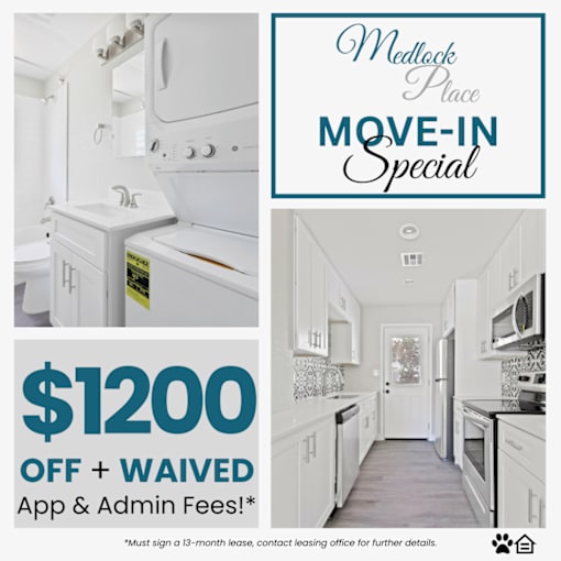 A promotional image for Medlock Place advertising a move-in special with $1200 off and waived app and admin fees.