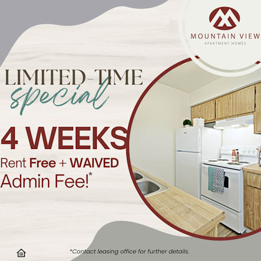 A promotional image for Mountain View Apartment Homes offering a 4-week rent-free trial period.