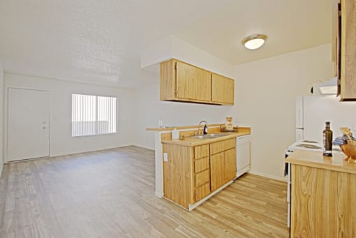 a kitchen and living room in an apartment