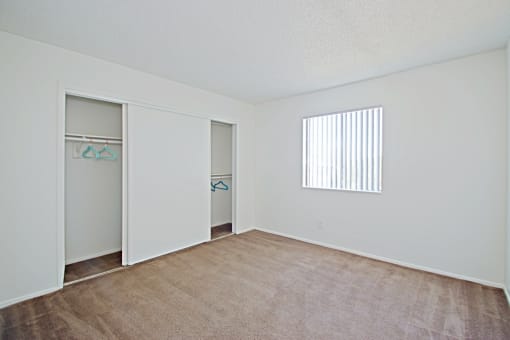 a bedroom with a closet and a window