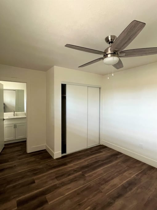a bedroom with a closet and a ceiling fan