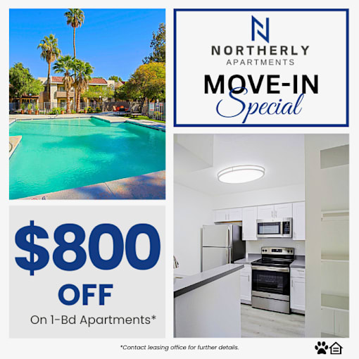 A promotional image for Northernly Apartments offering $800 off on 1-bedroom apartments.