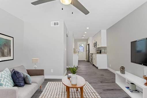 A living room with a couch, a coffee table, and a television.