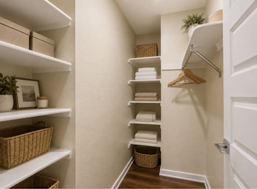 A hallway with a white door and a rack of towels.