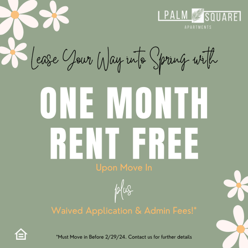 a one month rent free event poster with white flowers