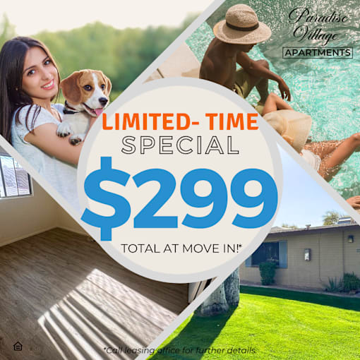 A promotional image for Paradise Village Apartments advertising a special rate of $299 total at move in.