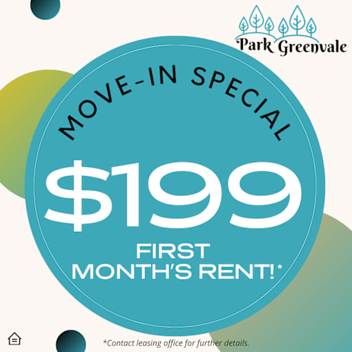 A promotional image for Park Greenvale's move-in special offering a first month's rent of $199.