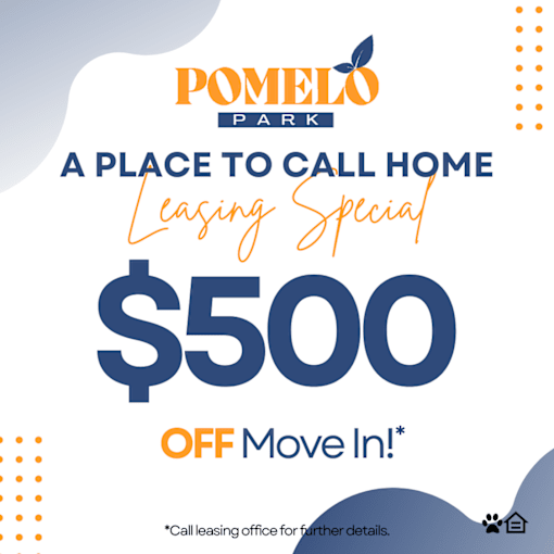 A promotional image for Pomelo Park advertising a leasing special with $500 off move-in.