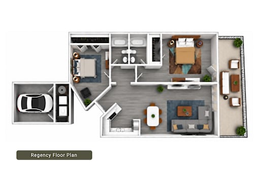 A top-down view of a regency floor plan showing a living room, kitchen, and two bedrooms.