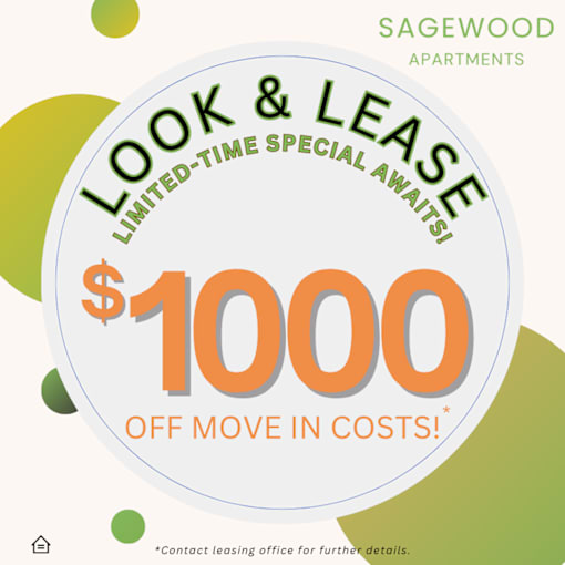A promotional image for Sagewood Apartments advertising a $1000 off move-in cost for a limited time special.